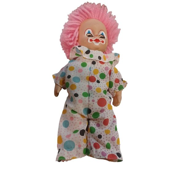 Vintage 10" Clown Doll Pink Hair Eyes Open and Close Cloth Body - Picture 1 of 4